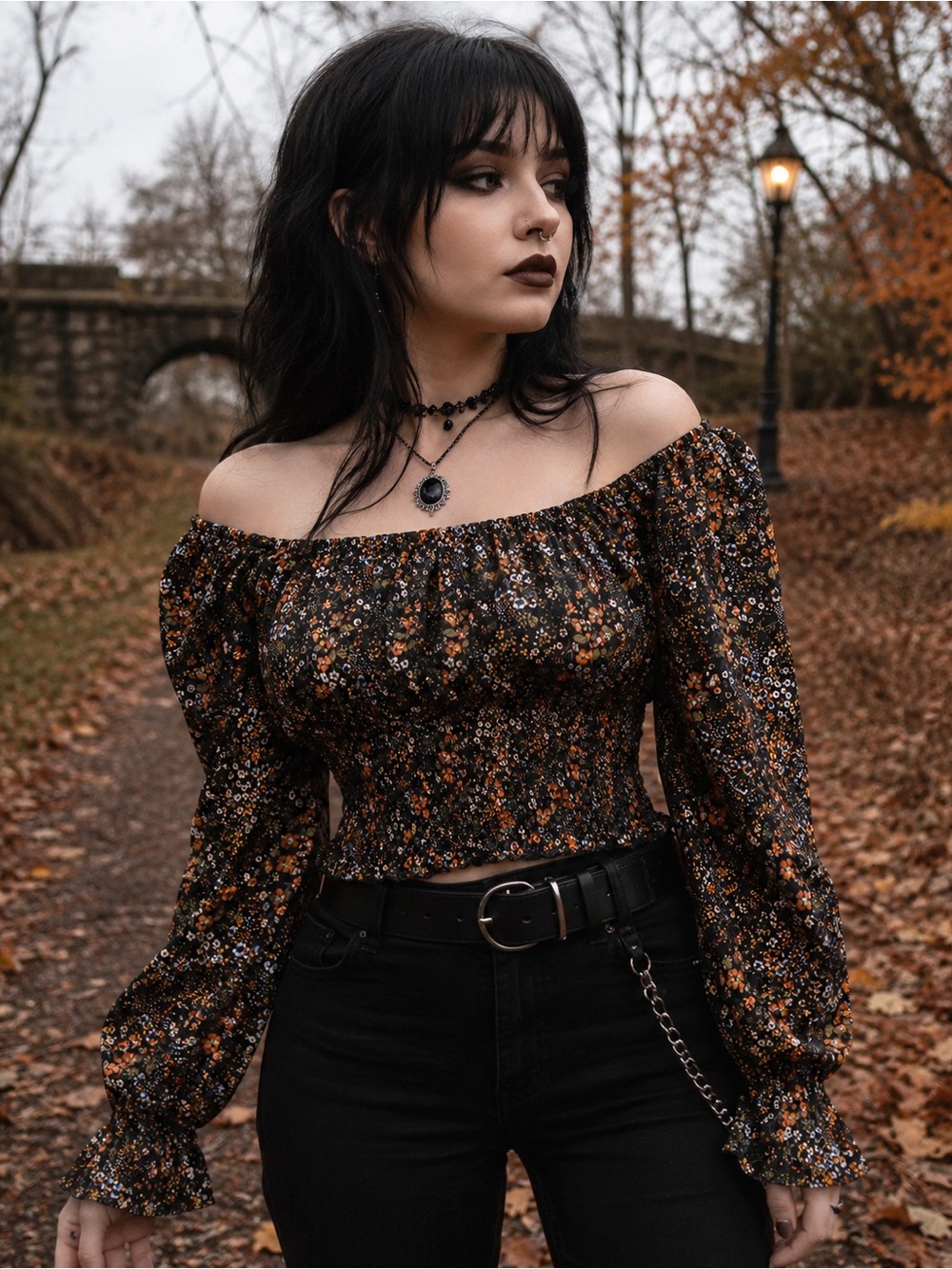 Women’s Black Floral Smocked Puff Sleeve Top – Size Small